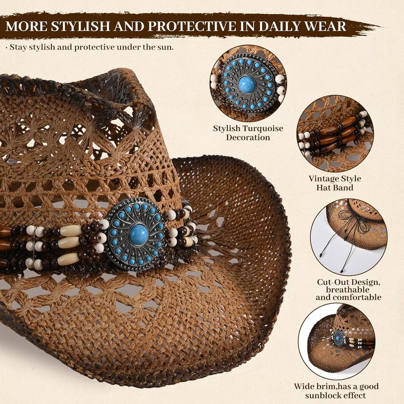Willheoy Straw Cowboy Hat for Men Womens Straw Cowgirl Hat Summer Western Cowboy Hats with Wide Brim for Cowgirls and Cowboys - Image 2